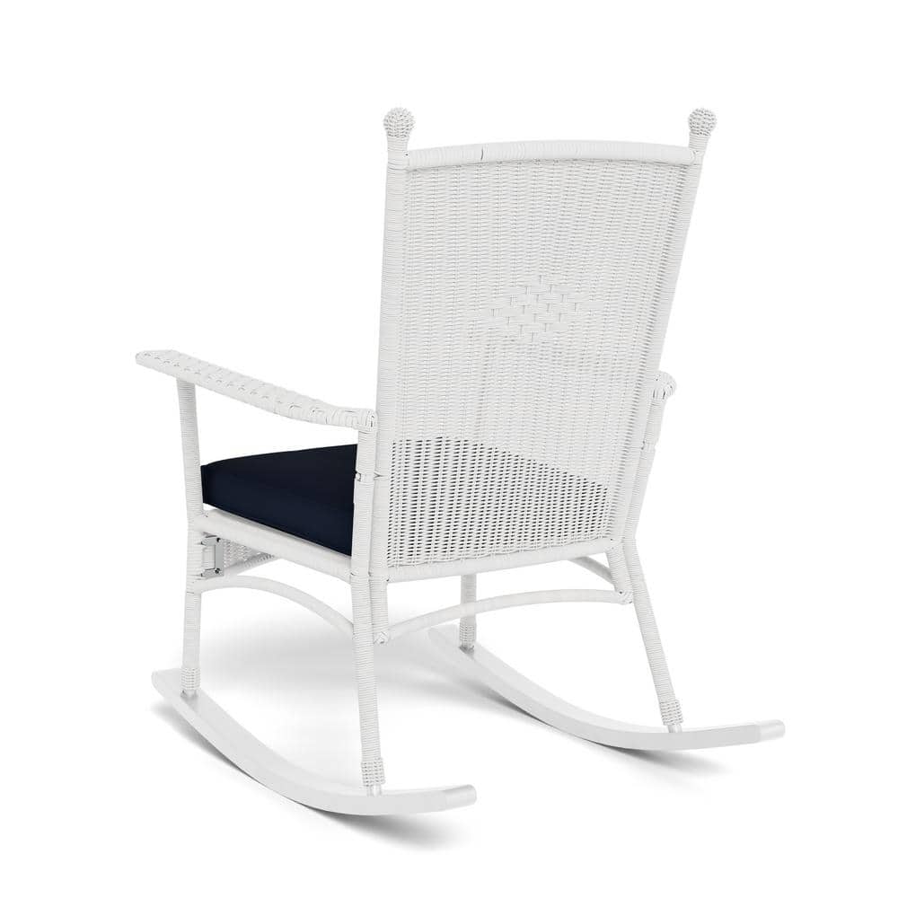 Portside Coastal White Wicker Rocking Chair with Navy Cushion