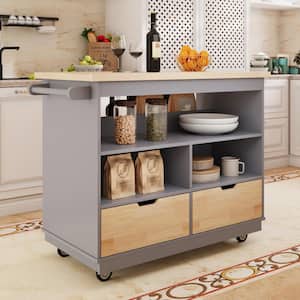 Blue Wood 46 in. Rolling Solid Rubber TabletopKitchen Island with-Drawers, Shelves, Wine and Spice Rack