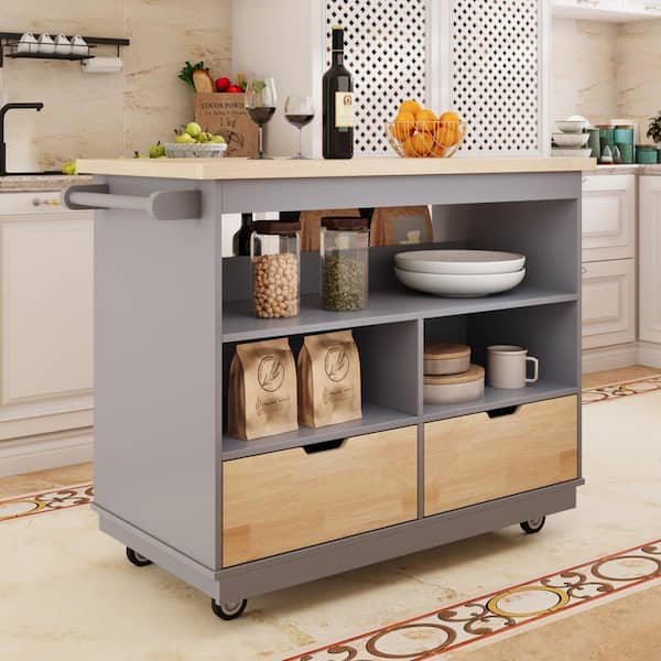 FAMYYT Blue Wood 46 in. Rolling Solid Rubber TabletopKitchen Island with-Drawers, Shelves, Wine and Spice Rack