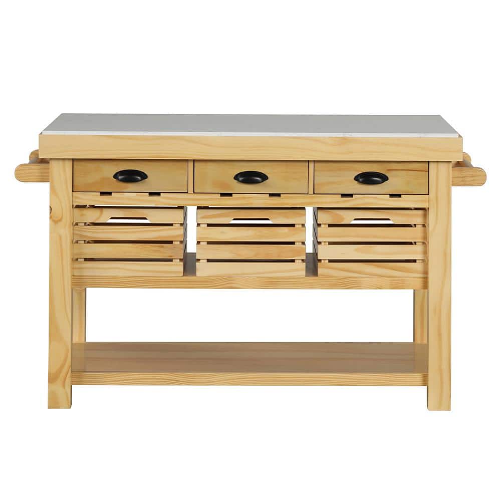 Natural Pine Kitchen Island with Marble Top and Storage