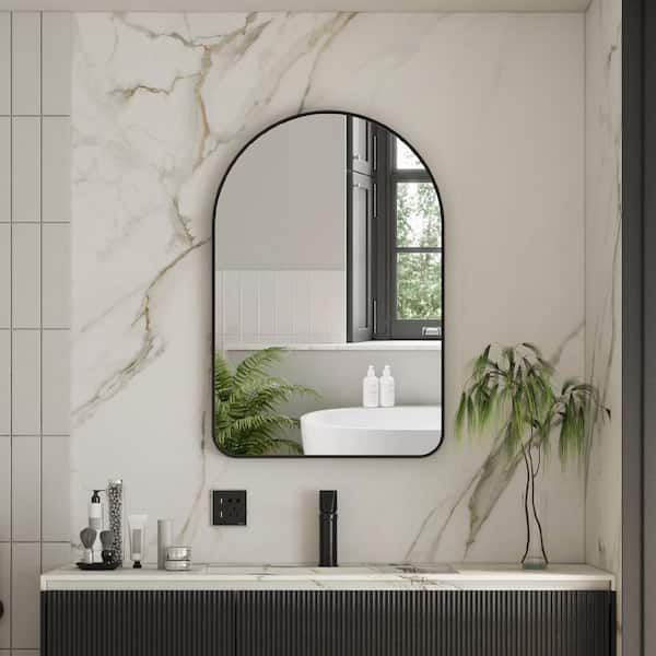 ANGELES HOME 24 in. W x 36 in. H Arched Framed Wall Bathroom Vanity Mirror with Aluminum Frame in Matte Black