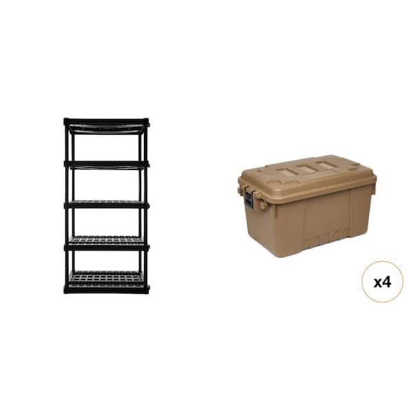 5-Tier Black Garage Shelving Unit (18 in. x 36 in. x 74 in.) and 14-Gal. Desert Tan Storage Box (4-Count) Combo