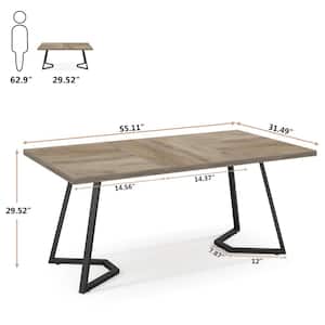 55 in. Rectangular Gray Wood Computer Desk with Metal Legs, Wooden Study Writing Table for Bedroom