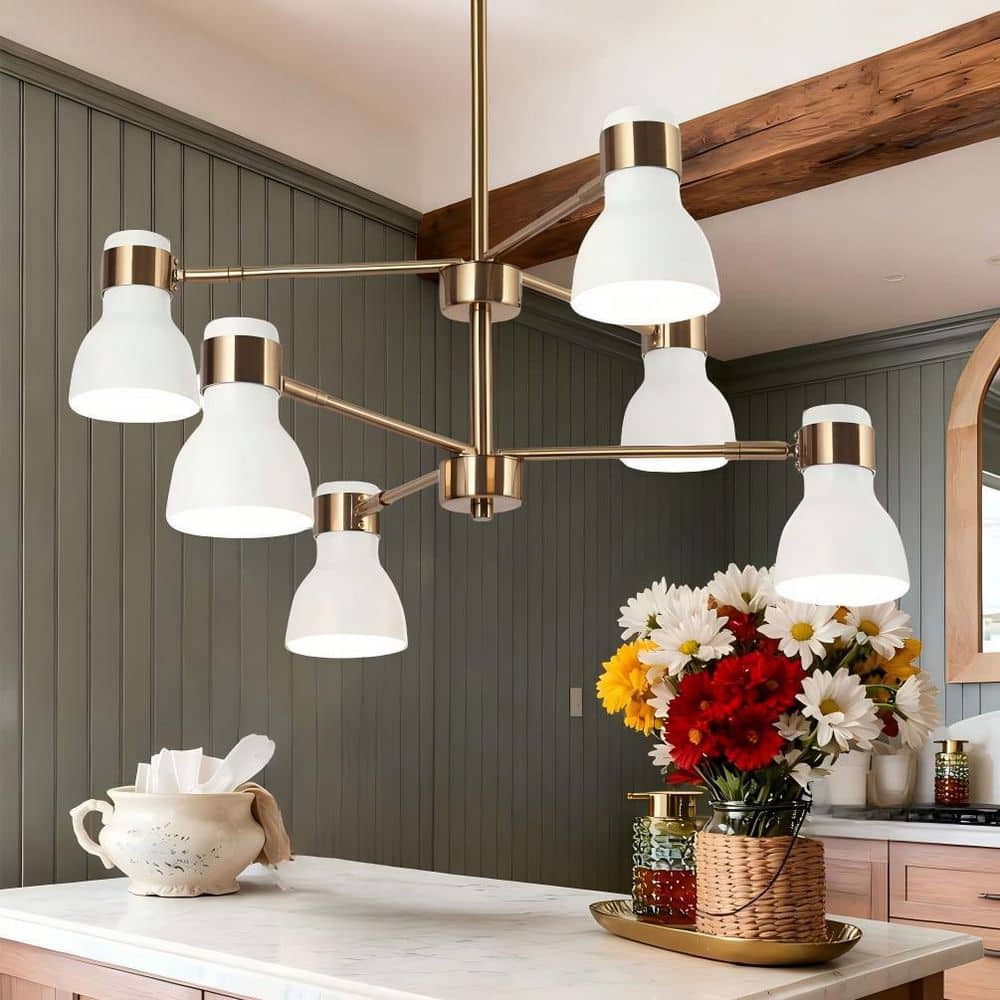 Rustic Farmhouse 6-Light Brass Gold and White Sputnik Chandelier, Adjustable Hanging Pendant Light for Dining Room price drop on PriceWatchPro