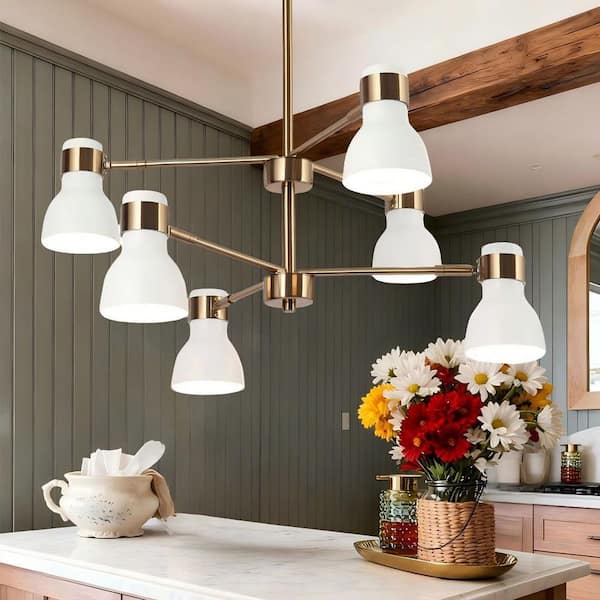 Rustic Farmhouse 6-Light Brass Gold and White Sputnik Chandelier, Adjustable Hanging Pendant Light for Dining Room