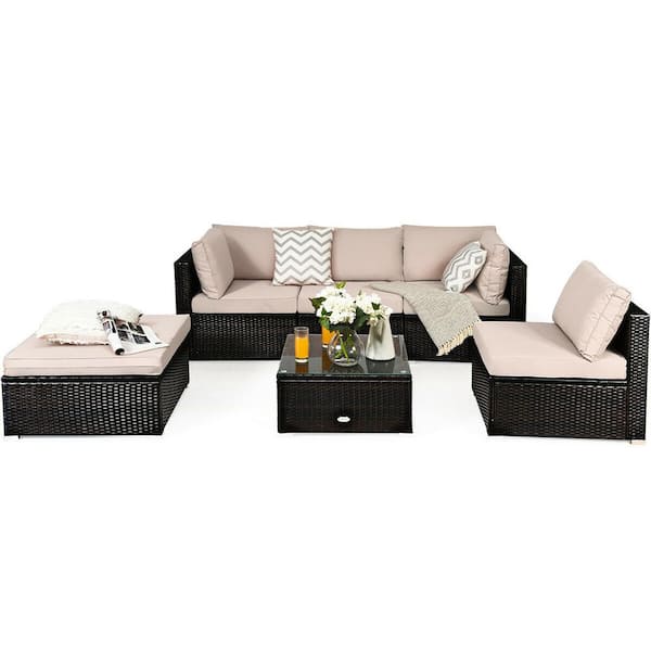 6-Piece Brown Wicker Outdoor Patio Rattan Furniture Set Sectional Sofa Ottoman with Beige Cushions