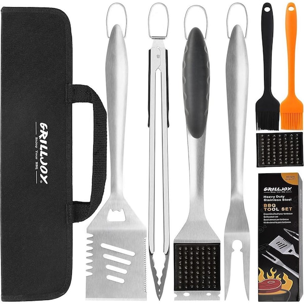 8-Piece Stainless Steel Nonstick Cookware Set, BBQ Grill Tools with Spatula, Fork, Tongs and Cleaning Brush, in Silver