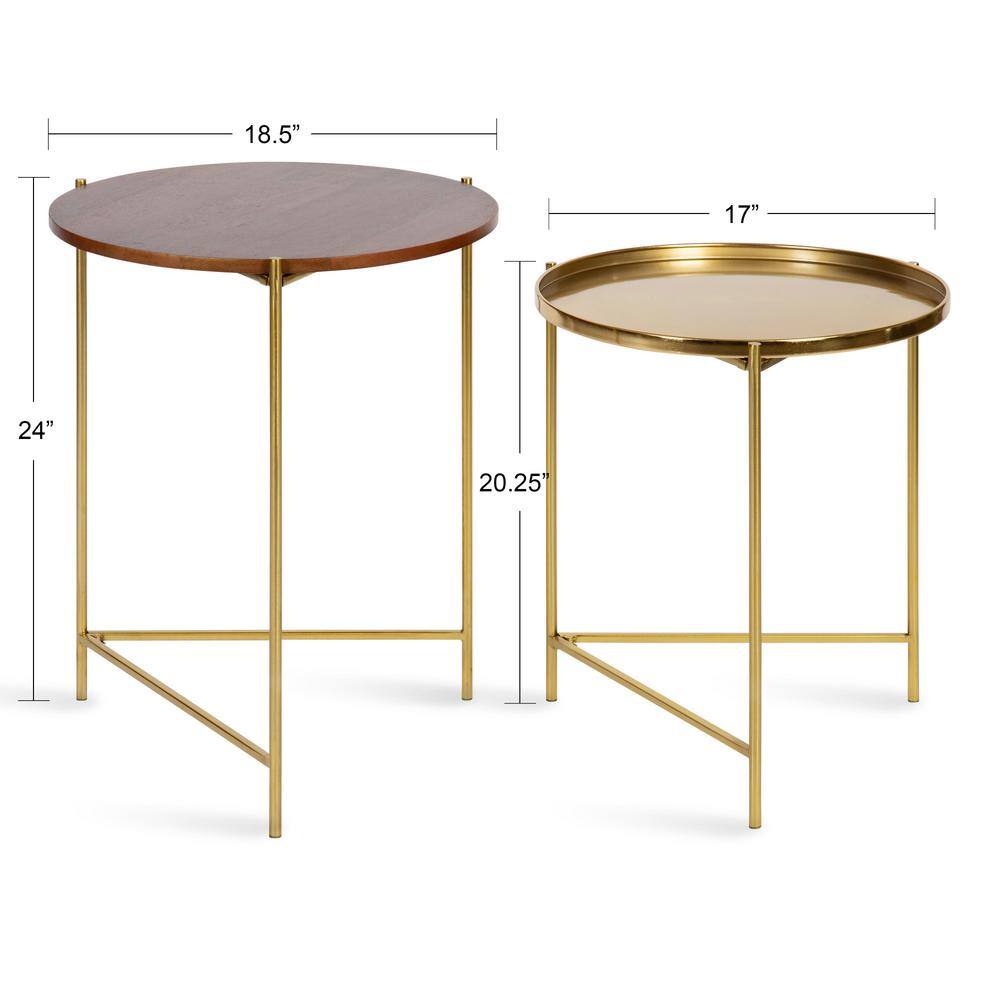 Ulani Nesting Side Table Set, Walnut Brown Wood and Gold Metal