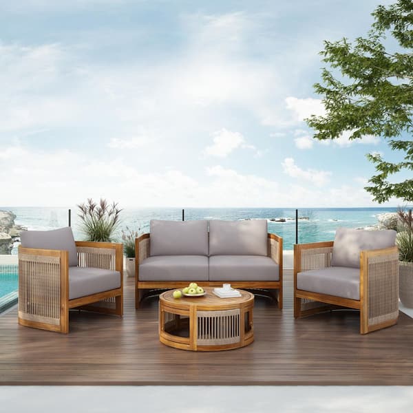 4-Piece Solid Wood Outdoor Conversation Patio Furniture Set with Gray Cushions