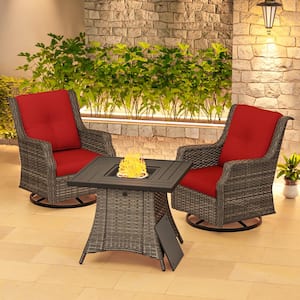 3-Piece Wicker Outdoor Fire Pit Patio Swivel Rocking Chair Set with Red Cushions and Rectangular Fire Pit Table