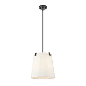 Weston 13 in. 3-Light Matte Black Shaded Pendant Light with Cream Fabric Shade, No Bulbs Included