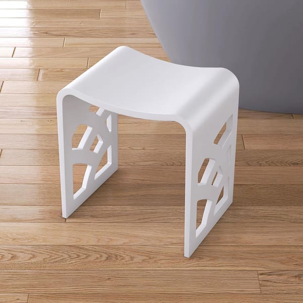 15.7 in. Stone Resin Solid Surface Shower Stool in White with Geometric Cutout Design