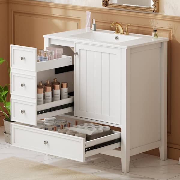 White 30in Bathroom Vanity with Sink One Cabinet and Three Drawers for Bathroom
