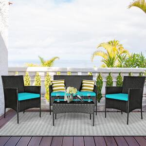 4-Piece Costway Wicker Patio Conversation Set with Blue Cushions (Various Colors)