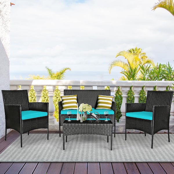 Costway 4-Piece Wicker Patio Conversation Set with Blue Cushions