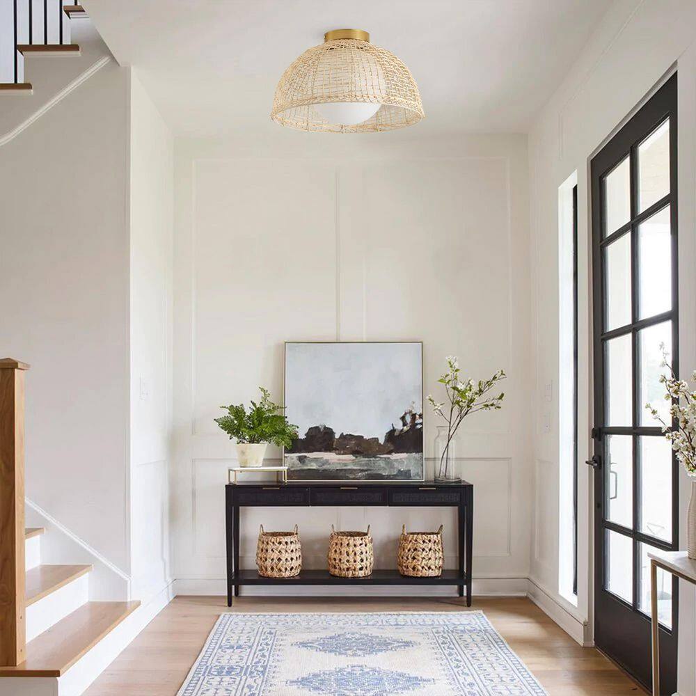 16.54 in. 1-Light Boho Rattan Flush Mount Farmhouse Ceiling Light Fixture with White Globe Glass Shade price history on PriceWatchPro