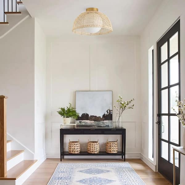 16.54 in. 1-Light Boho Rattan Flush Mount Farmhouse Ceiling Light Fixture with White Globe Glass Shade