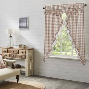 Annie Buffalo Check 36 in. W x 63 in. L Ruffled Light Filtering Rod Pocket Prairie Window Panel in Portabella White Pair