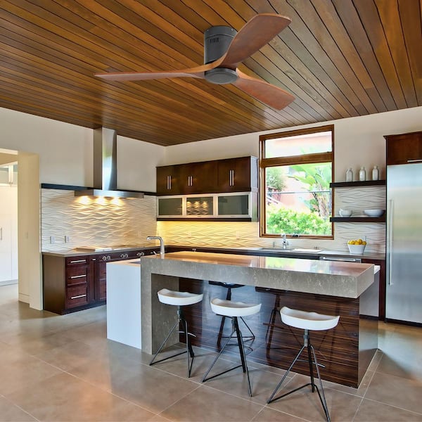 52 in. Indoor/Outdoor Black & Brown Flush Mount Standard Ceiling Fan without Light, Quiet DC Motor and Remote Included