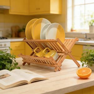 Wudkey 3-Tier Collapsible Bamboo Dish Drainer Rack with Utensil Holder ...