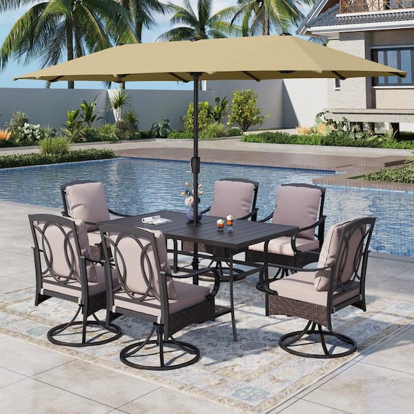 PHI VILLA 8-Piece Metal Outdoor Dining Set with umbrella and Swivel Chairs with Beige Cushions