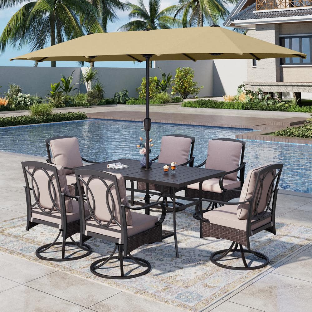 8-Piece Metal Outdoor Dining Set with Umbrella and Swivel Chairs with Beige Cushions price history on PriceWatchPro