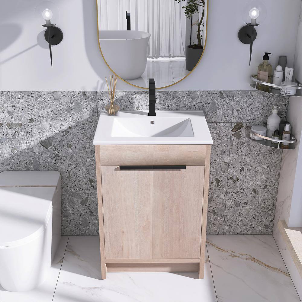 Freestanding Light Oak Plywood Bathroom Vanity with White Ceramic Sink