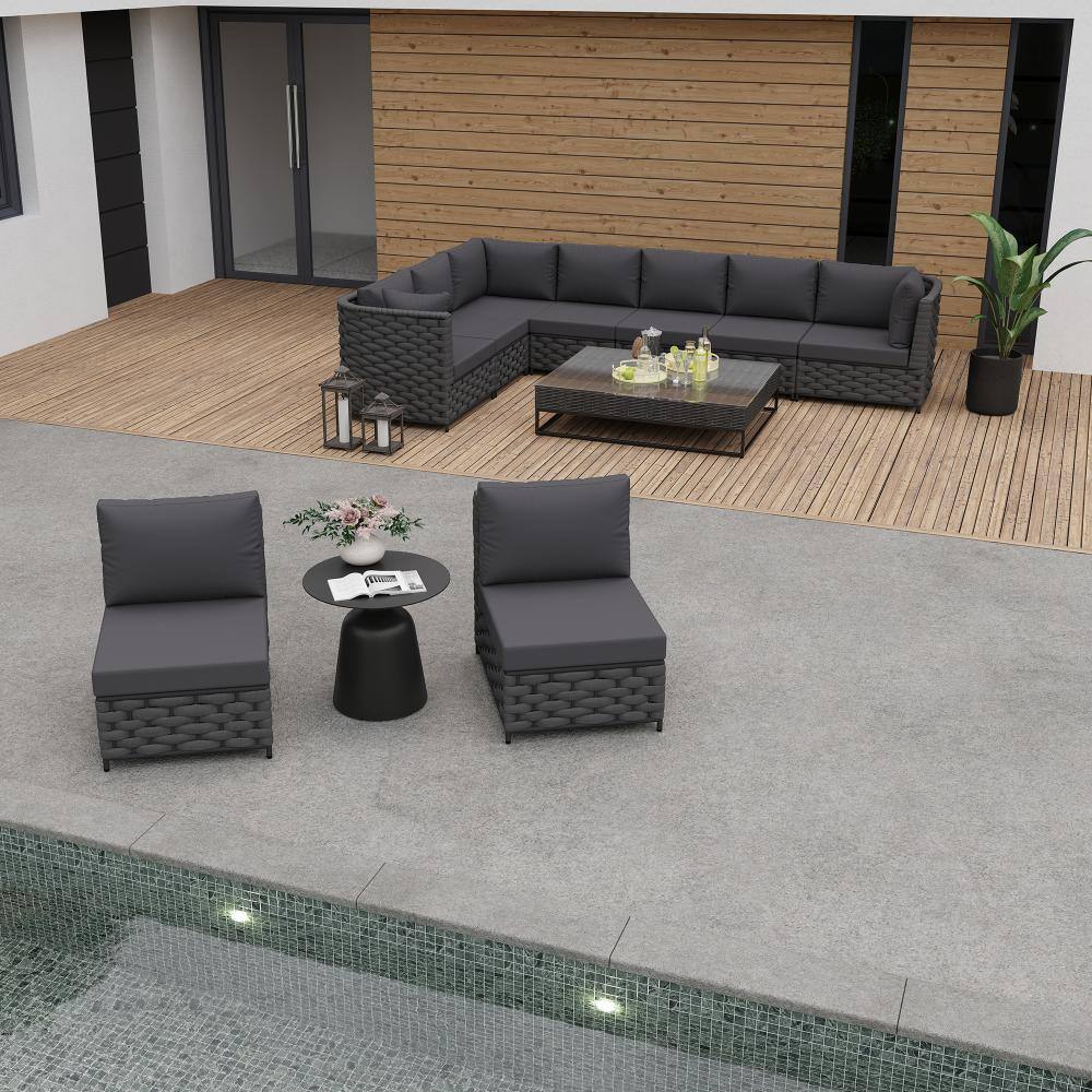 9pcs Dark Gray Textilene Rope Outdoor Sofa Sectional with Cushions for Beach Patio Garden