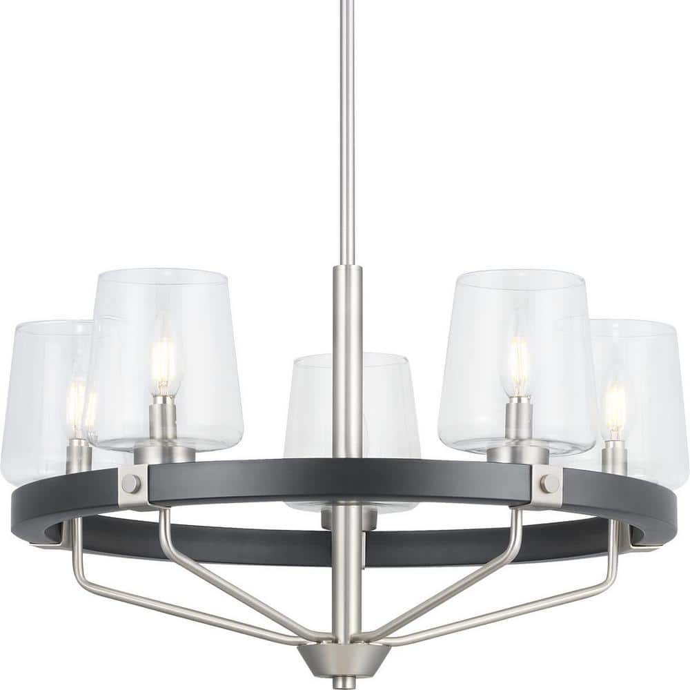 Progress Lighting Estella 5Light Satin Nickel Chandelier with Matte Black Accents and Clear