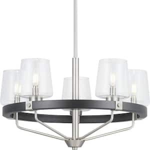 Estella 5-Light Satin Nickel Chandelier with Matte Black Accents and Clear Glass Shades