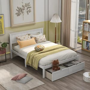 White Full Size Platform Bed with Under-Bed Drawer