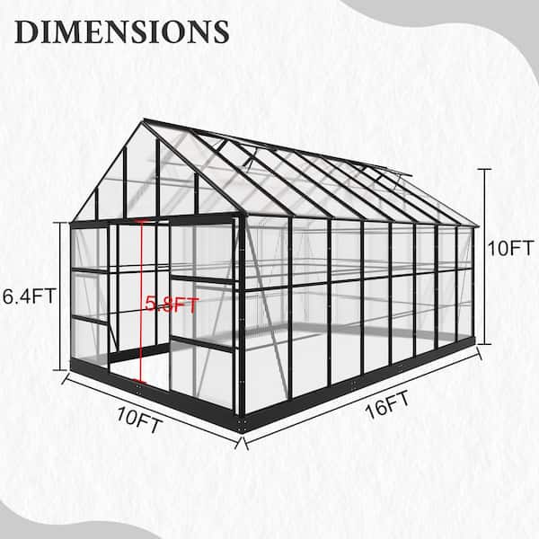 10 ft. x 16 ft. Black Aluminum Frame Clear Panel Garden Greenhouse and Solarium Conservatory