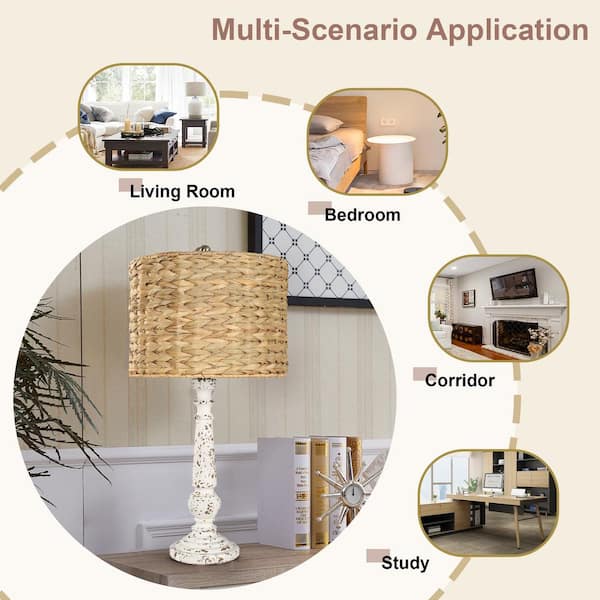 24.5 in. H 1-Light Brown Table Lamp with Rattan Drum Shade