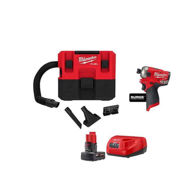 Milwaukee M12 FUEL 12-Volt Lithium-Ion Cordless 1.6 Gal. Wet/Dry Vacuum and SURGE Impact Driver with 4.0 Ah Battery and Charger