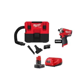 M12 FUEL 12-Volt Lithium-Ion Cordless 1.6 Gal. Wet/Dry Vacuum and SURGE Impact Driver with 4.0 Ah Battery and Charger