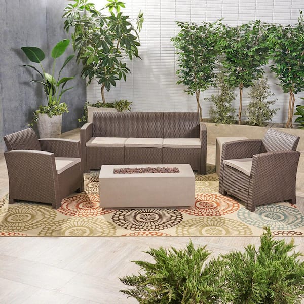Noble House Mercier 5-Piece Faux Wicker Outdoor Patio Fire Pit Conversation Set with Mixed Beige Cushions