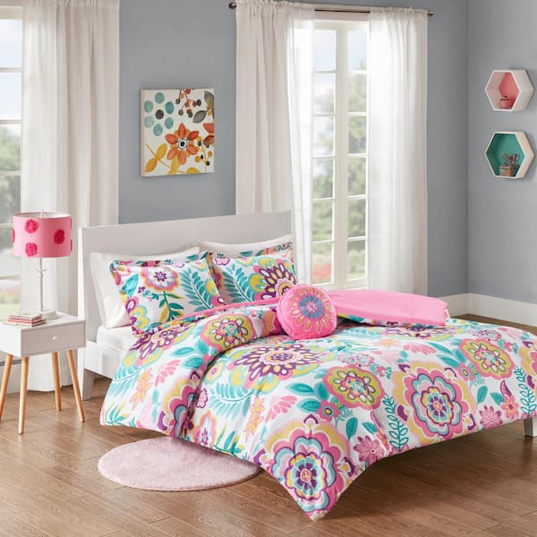 Intelligent Design Corinne 4-Piece Pink Microfiber Full/Queen Corinne Floral Cottage Comforter Set