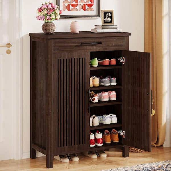 BYBLIGHT 43 in. H x 32 in. W Rustic Brown Wood Shoe Storage Cabinet with Adjustable Shelves and Drawer for Entryway, Closet