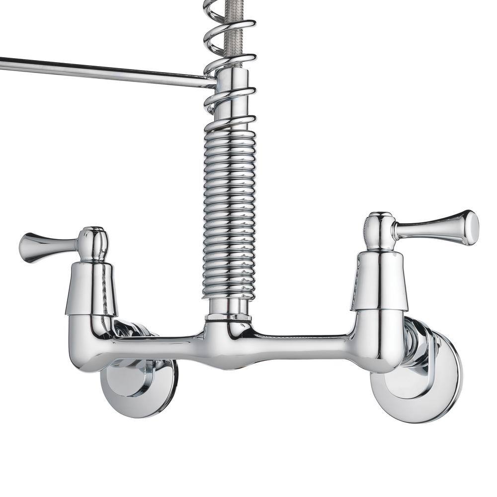Chrome Dual Handle Wall-Mount Pull-Down Sprayer Kitchen Faucet
