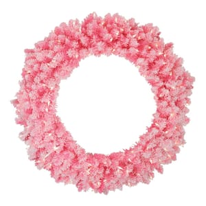 36 in. Pre-Lit Flocked Pink Artificial Christmas Wreath with Clear Lights