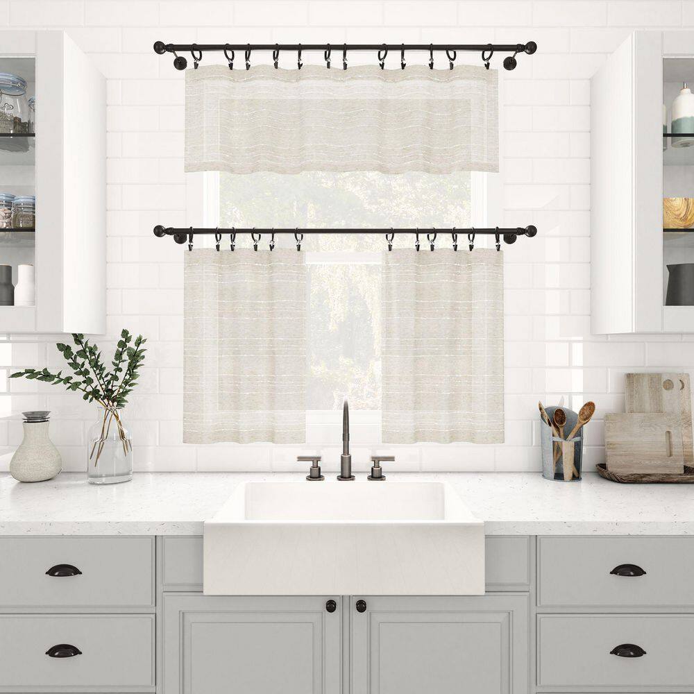Linen Blend Sheer Stripe Rod Pocket Kitchen Curtain Pair