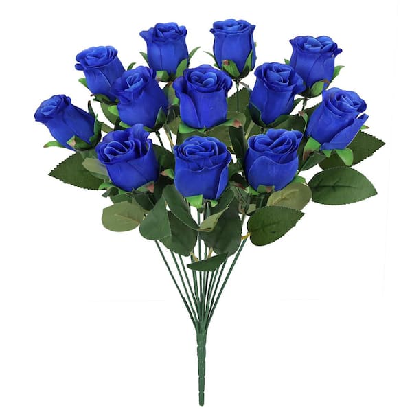 LIVING LUXURY 19.5 in. Royal Blue Artificial Rose Bud Flower Stem Bush Bouquet (Set of 2)