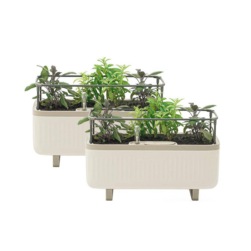 vego garden Herb Planter Box Recyclable Plastic with Trellis Self-Watering Rolling Raised Bed for Vegetables, Cream White (2-Pack)