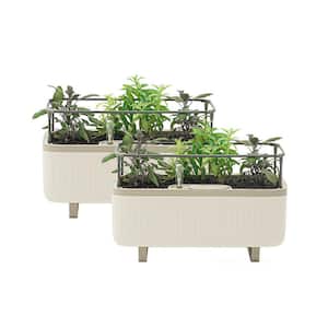 Herb Planter Box Recyclable Plastic with Trellis Self-Watering Rolling Raised Bed for Vegetables, Cream White (2-Pack)
