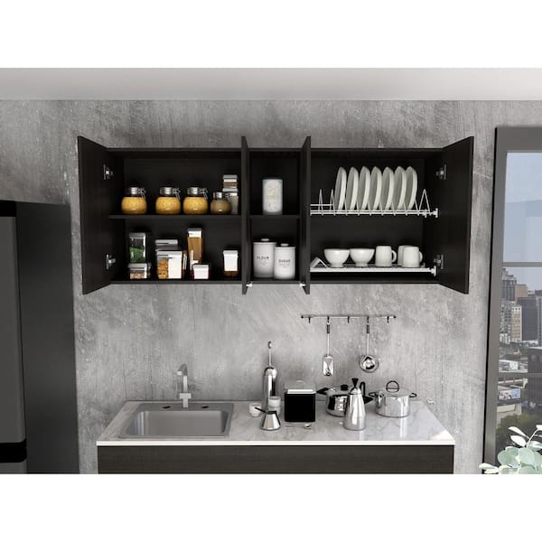 59.05 in. W x 12.4 in. D x 23.62 in. H Black Wood Ready to Assemble Wall Kitchen Cabinet with Shelves and Four Doors