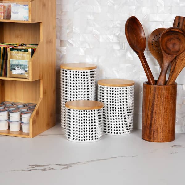 3-Piece Ceramic Canister Set Sugar Container Coffee Storage 4 in. L x 4 in. W x 7 in. H, Black and White