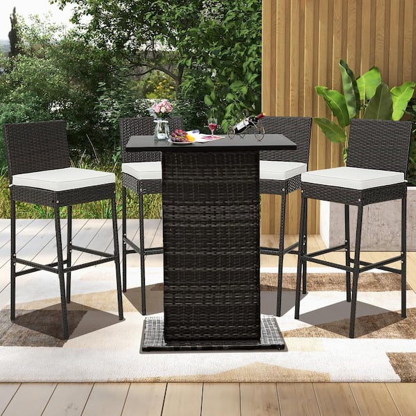 Costway 2-PCS 30 in. Patio Wicker Barstools Bar Height Chairs W/Cushions Backyard Off White