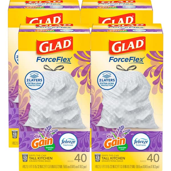 13 Gal. ForceFlex Tall Kitchen Drawstring Gain Lavender with Febreze Trash Bags (40-Count, 4-Pack)