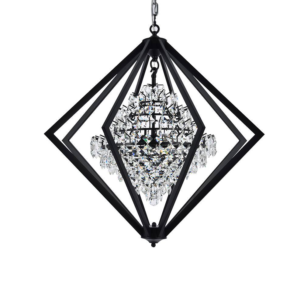 Elegant Black Metal & Crystal Diamond Cage Chandelier, 28"