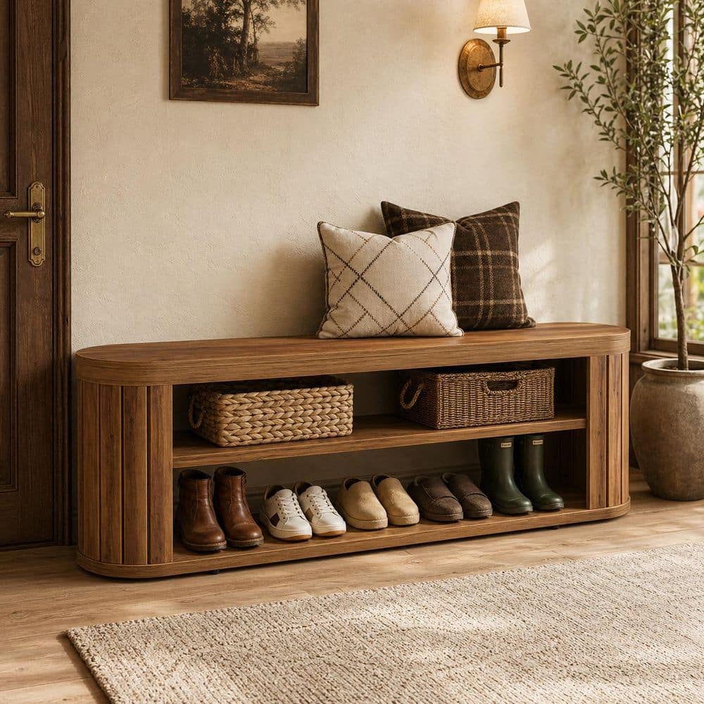 17.7 in. H x 47.2 in. W Brown Wood Shoe Storage Bench with 3-Tier Storage and Adjustable Foot Pads for Entryway, Hallway